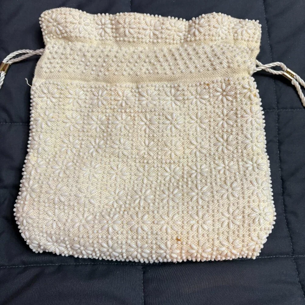 Vintage Reversible 70’s Beaded Drawstring Purse / Sack Boho Hippy Festival Pouch - Picture 7 of 13